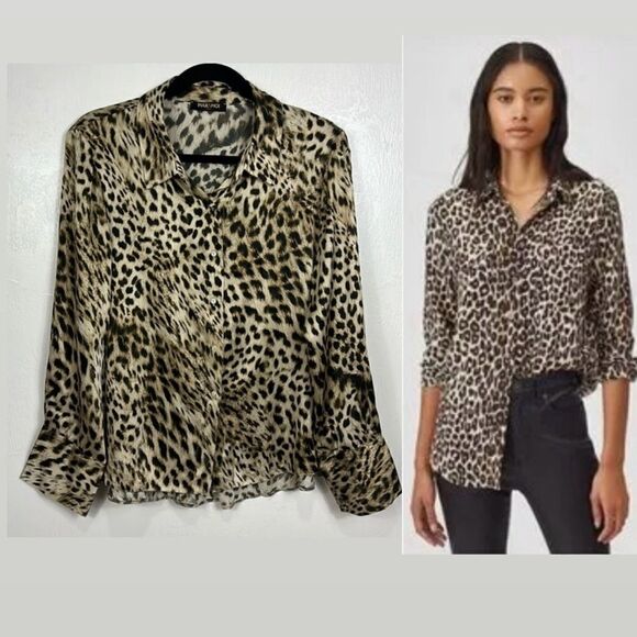 Max & Moi Paris Leopard Print Silk Long Sleeve Button Down Shirt Size L